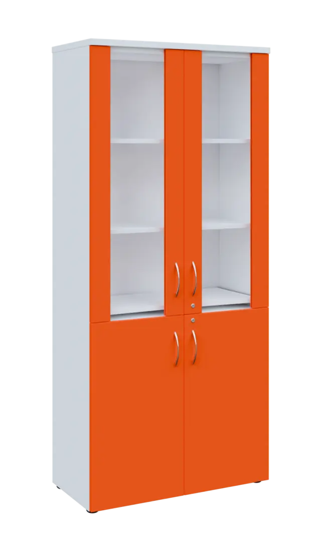 LE - 01 skříň lékařská prosklená, korpus bílá, dvířka pomeranč